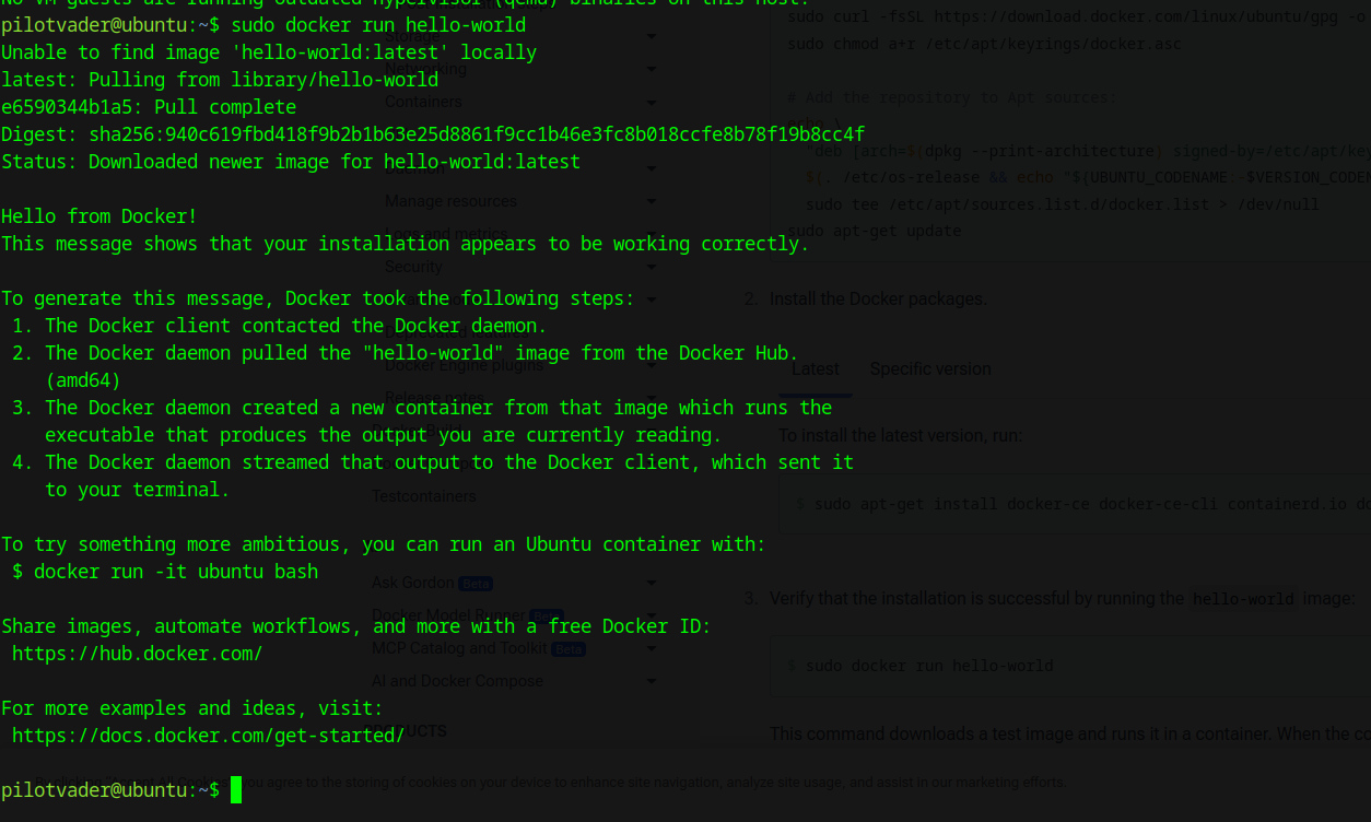 Sudo docker run hello world test which shows docker installed